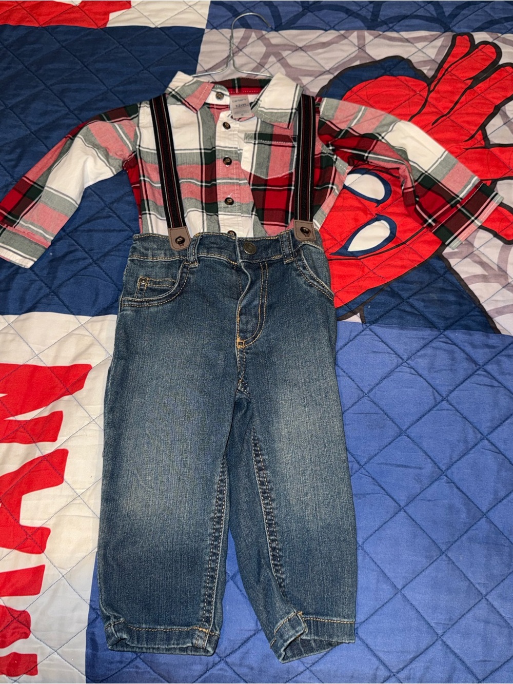 Carter's Red & White Plaid Shirt with Denim Pants and Suspenders